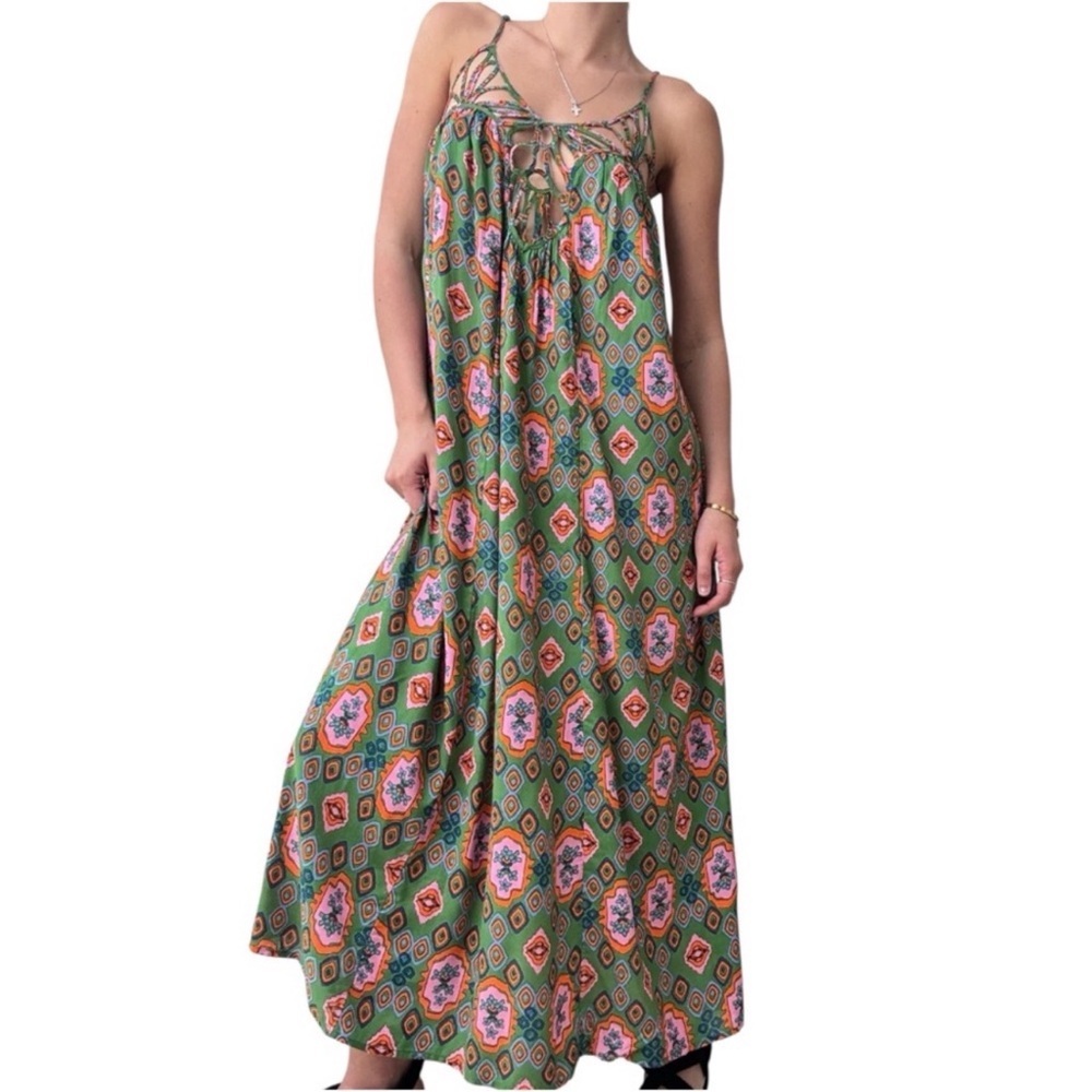 Anthropologie Drama Boho Festival Beach Dress Green Motif SZ XS